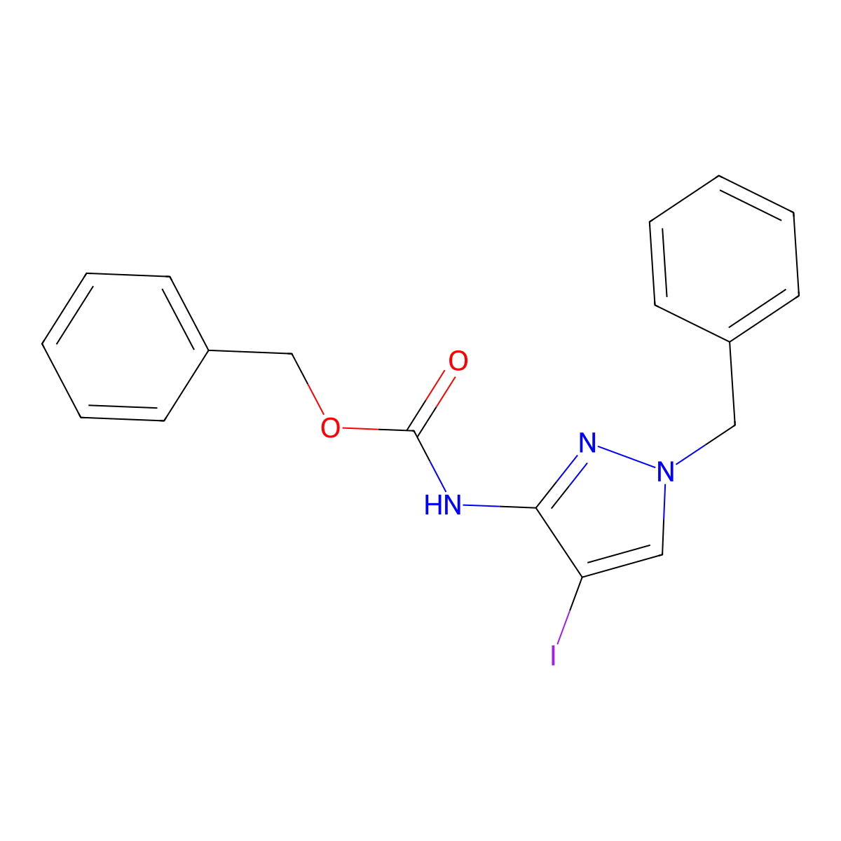 benzyl N-(1-benzyl-4-iodo-1H-pyrazol-3-yl)carbamate molecular structure, CAS 2680727-22-2