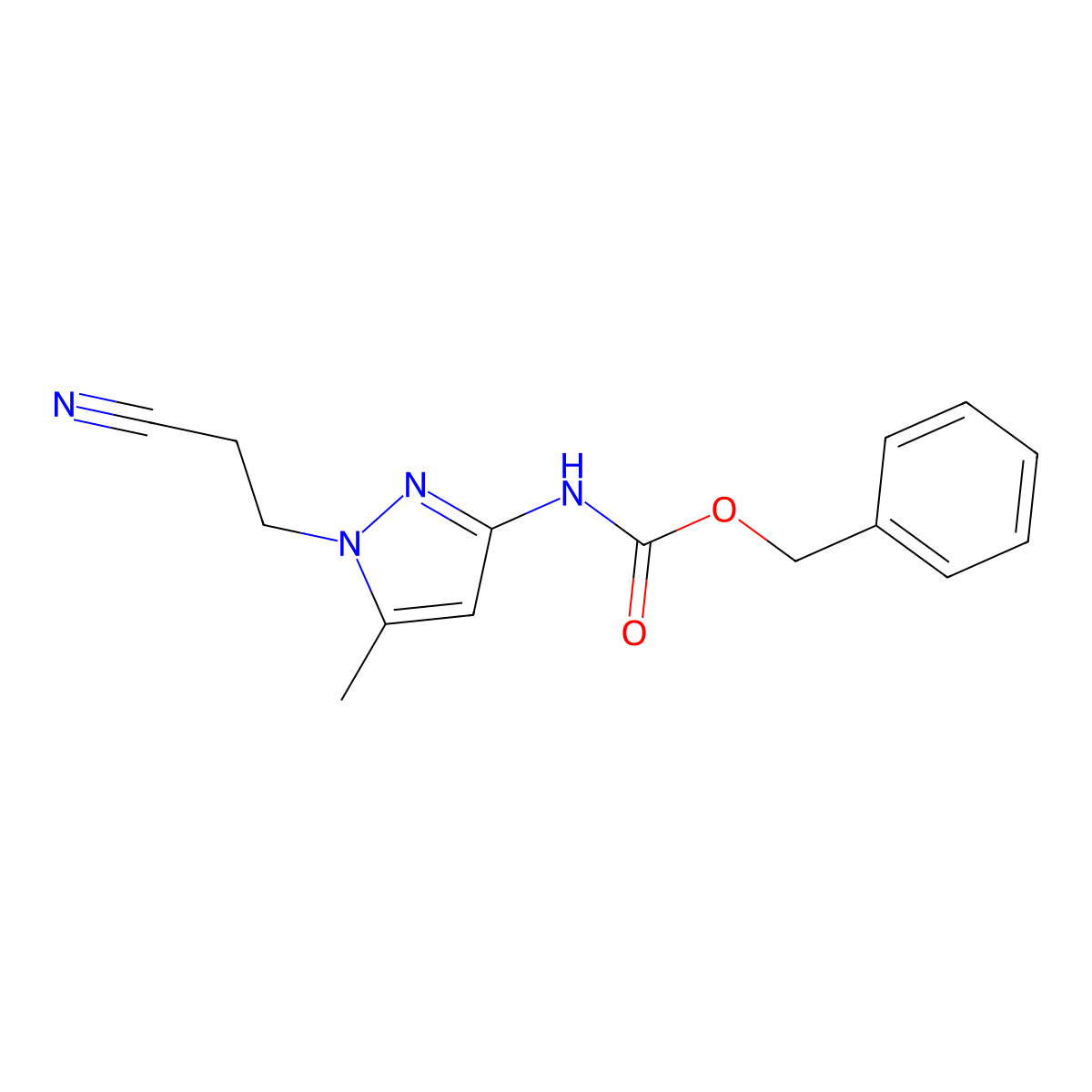benzyl N-[1-(2-cyanoethyl)-5-methyl-1H-pyrazol-3-yl]carbamate molecular structure, CAS 2680727-51-7