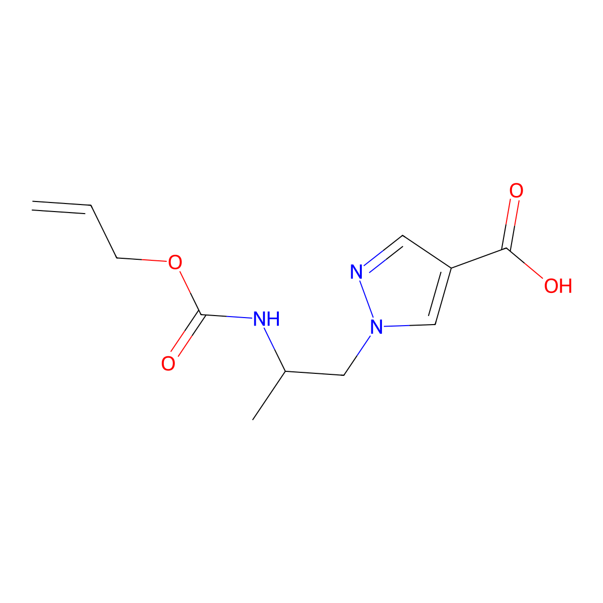 1-(2-{[(prop-2-en-1-yloxy)carbonyl]amino}propyl)-1H-pyrazole-4-carboxylic acid molecular structure, CAS 2680727-84-6