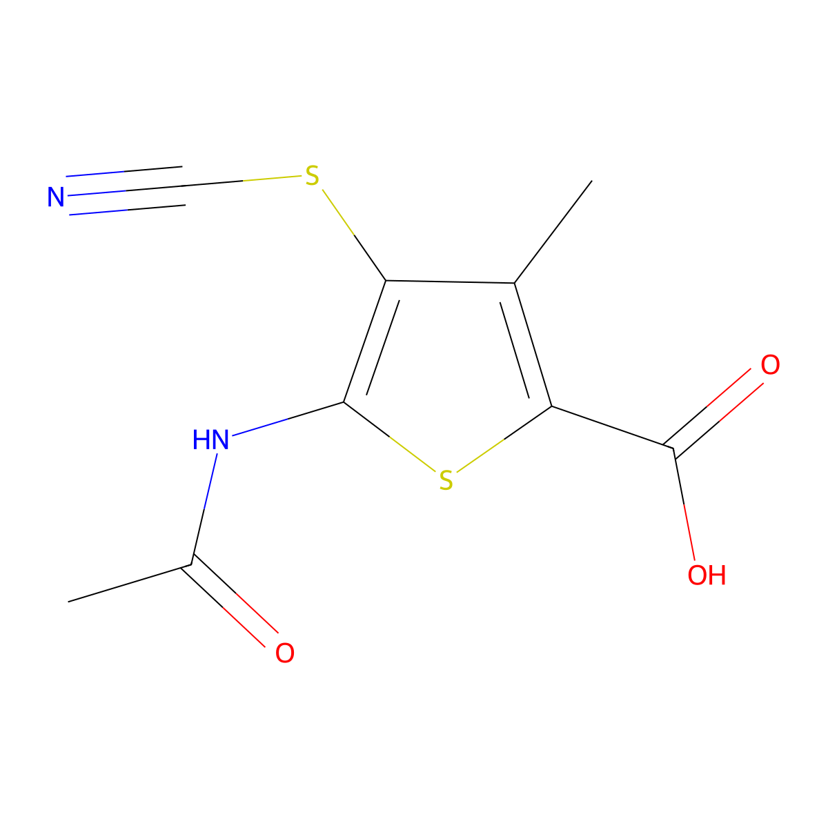 4-(Cyanosulfanyl)-5-acetamido-3-methylthiophene-2-carboxylic acid molecular structure, CAS 2680728-56-5