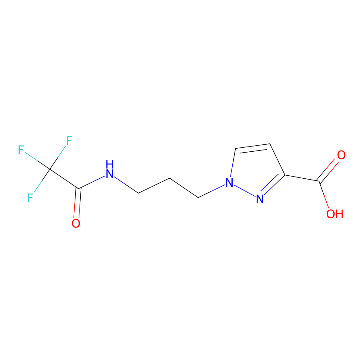 1-[3-(2,2,2-trifluoroacetamido)propyl]-1H-pyrazole-3-carboxylic acid molecular structure, CAS 2680729-71-7