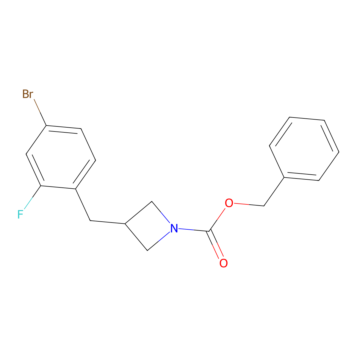 Benzyl 3-[(4-bromo-2-fluorophenyl)methyl]azetidine-1-carboxylate molecular structure, CAS 2680729-98-8