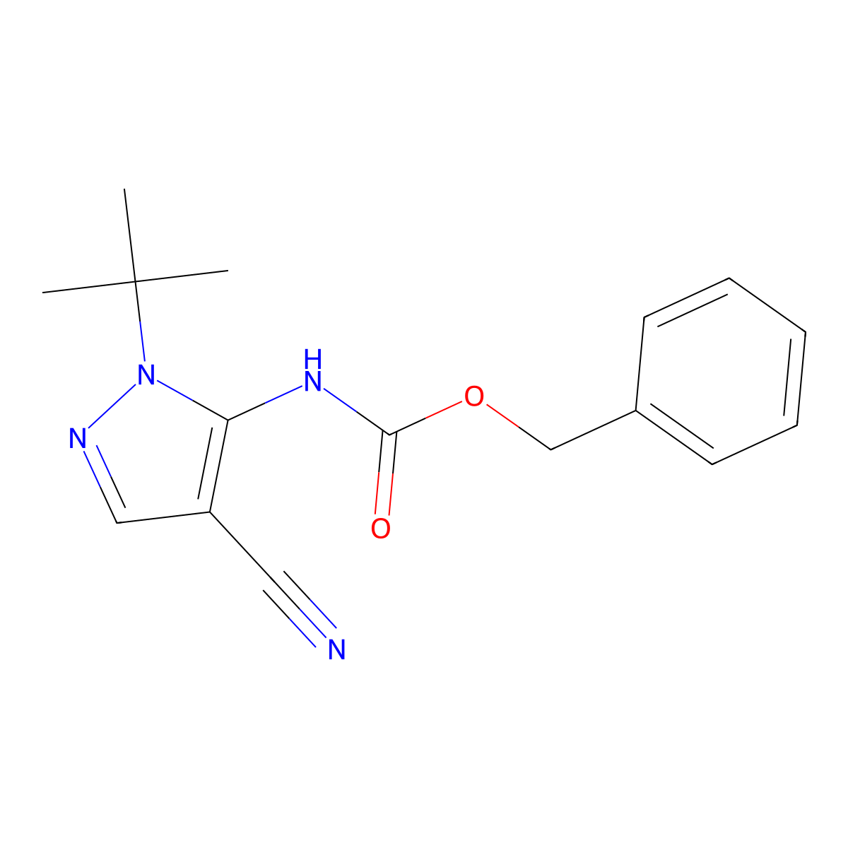 benzyl N-(1-tert-butyl-4-cyano-1H-pyrazol-5-yl)carbamate molecular structure, CAS 2680731-95-5