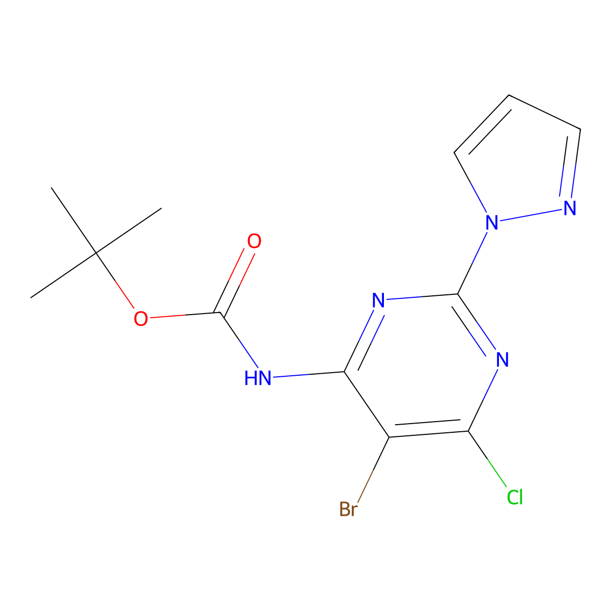 tert-butyl N-[5-bromo-6-chloro-2-(1H-pyrazol-1-yl)pyrimidin-4-yl]carbamate molecular structure, CAS 2680733-53-1