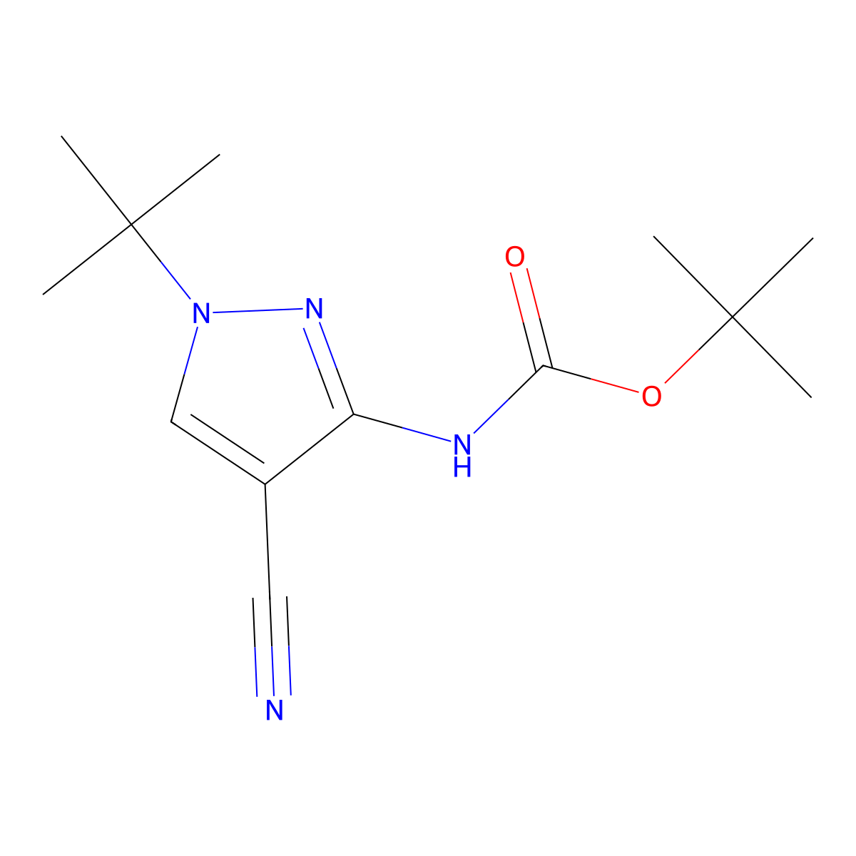 tert-butyl N-(1-tert-butyl-4-cyano-1H-pyrazol-3-yl)carbamate molecular structure, CAS 2680733-56-4