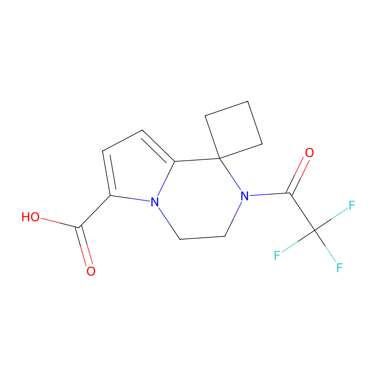 2'-(2,2,2-trifluoroacetyl)-3',4'-dihydro-2'H-spiro[cyclobutane-1,1'-pyrrolo[1,2-a]pyrazine]-6'-carboxylic acid molecular structure, CAS 2680735-21-9