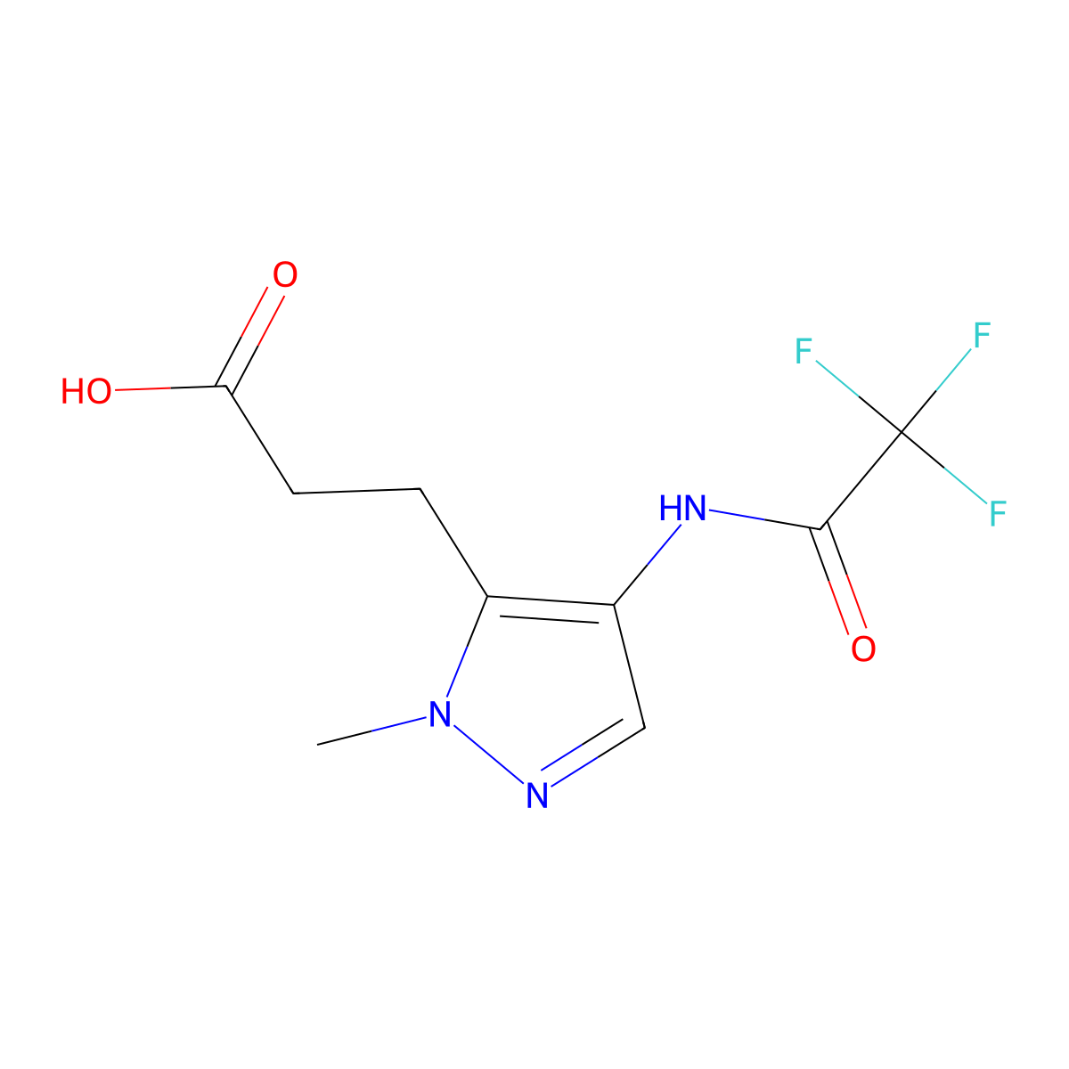 3-[1-methyl-4-(2,2,2-trifluoroacetamido)-1H-pyrazol-5-yl]propanoic acid molecular structure, CAS 2680735-31-1