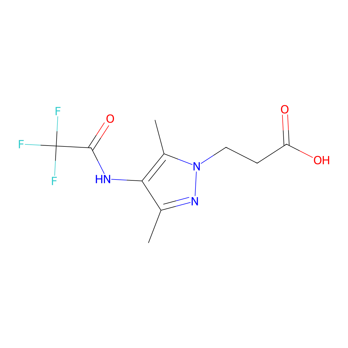 3-[3,5-dimethyl-4-(2,2,2-trifluoroacetamido)-1H-pyrazol-1-yl]propanoic acid molecular structure, CAS 2680735-70-8