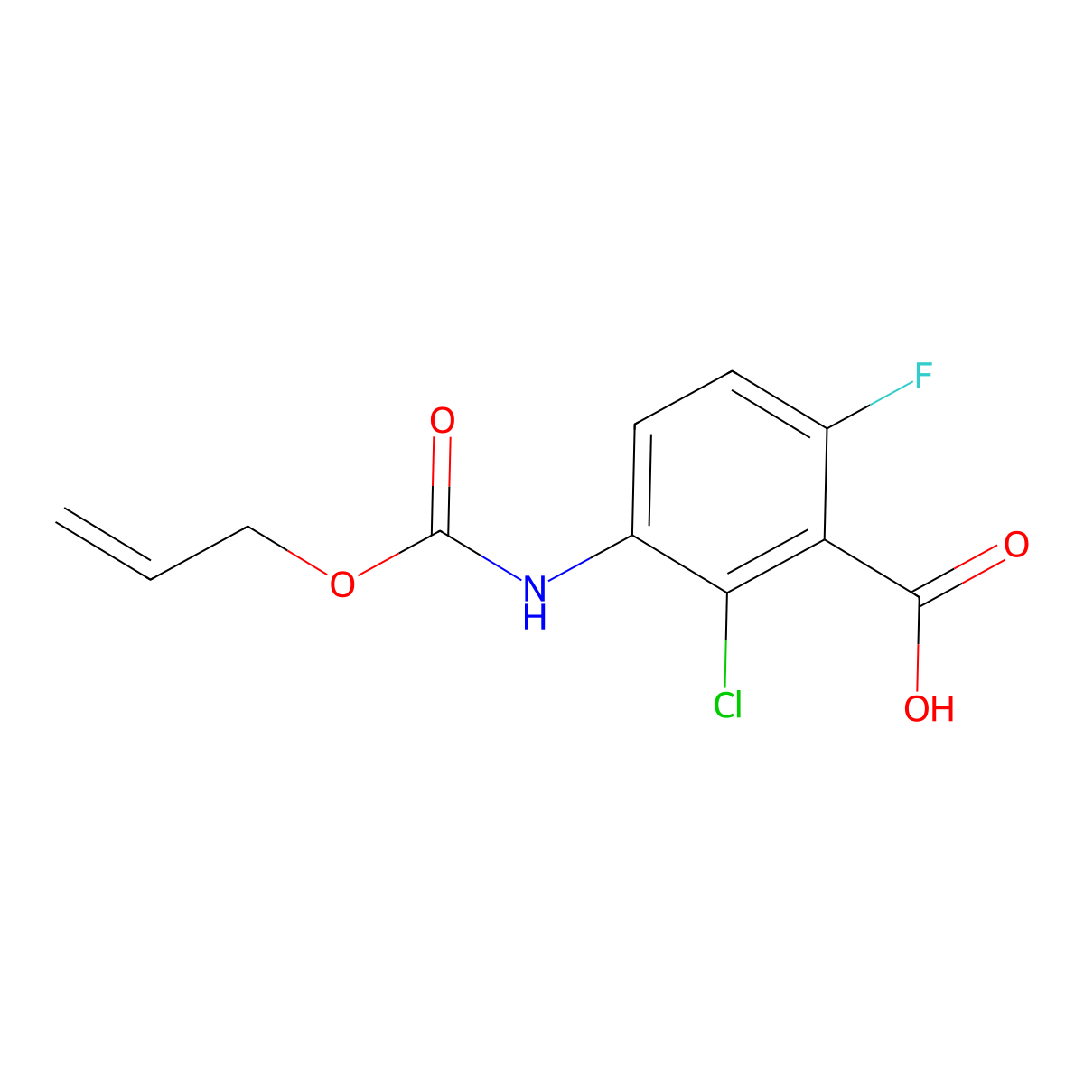 2-Chloro-6-fluoro-3-{[(prop-2-en-1-yloxy)carbonyl]amino}benzoic acid molecular structure, CAS 2680737-42-0