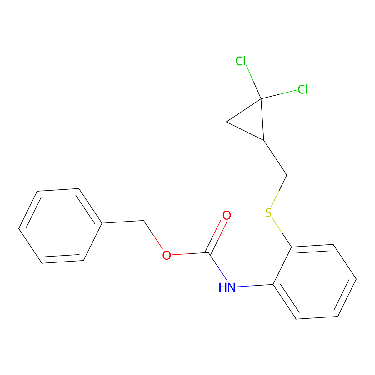 benzyl N-(2-{[(2,2-dichlorocyclopropyl)methyl]sulfanyl}phenyl)carbamate molecular structure, CAS 2680740-14-9