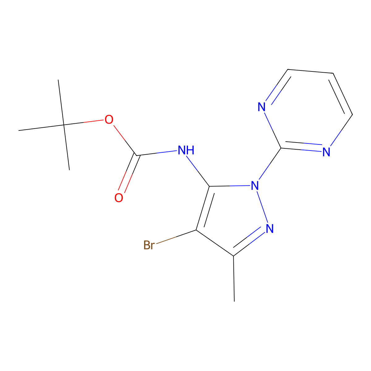 tert-butyl N-[4-bromo-3-methyl-1-(pyrimidin-2-yl)-1H-pyrazol-5-yl]carbamate molecular structure, CAS 2680740-17-2