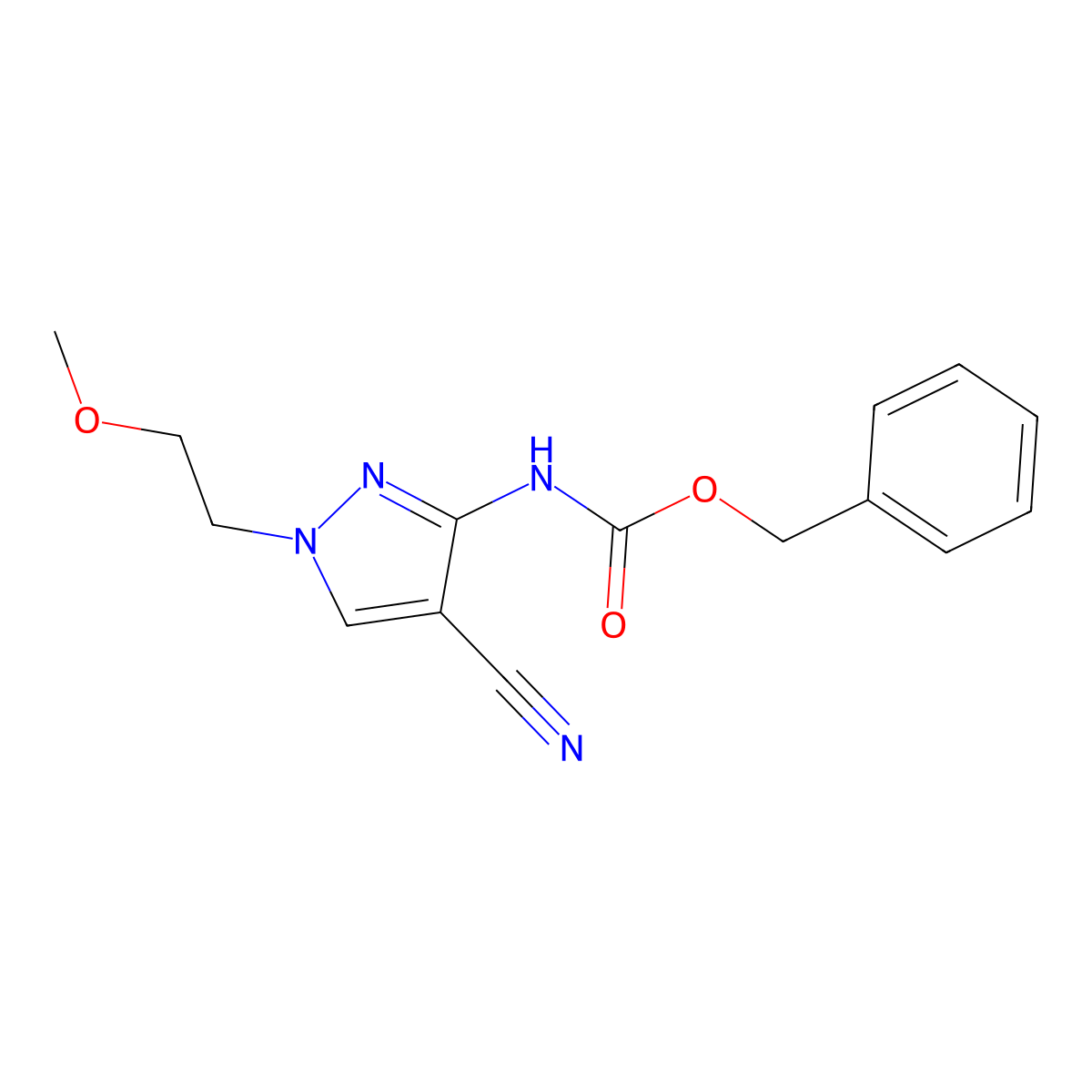 benzyl N-[4-cyano-1-(2-methoxyethyl)-1H-pyrazol-3-yl]carbamate molecular structure, CAS 2680741-08-4