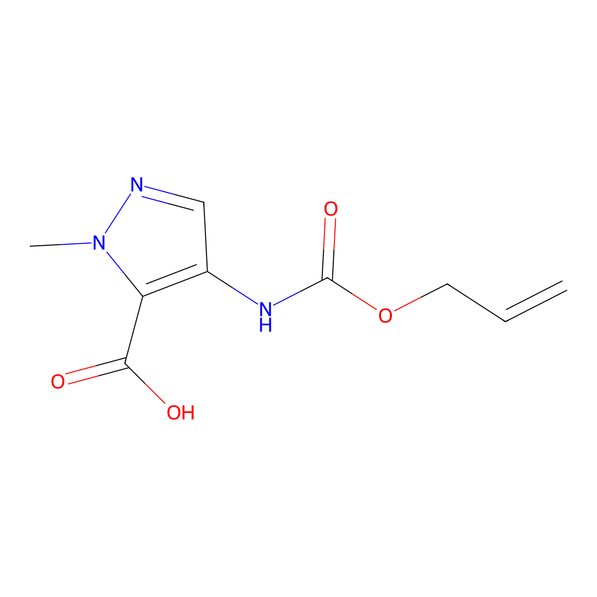 1-methyl-4-{[(prop-2-en-1-yloxy)carbonyl]amino}-1H-pyrazole-5-carboxylic acid molecular structure, CAS 2680741-96-0