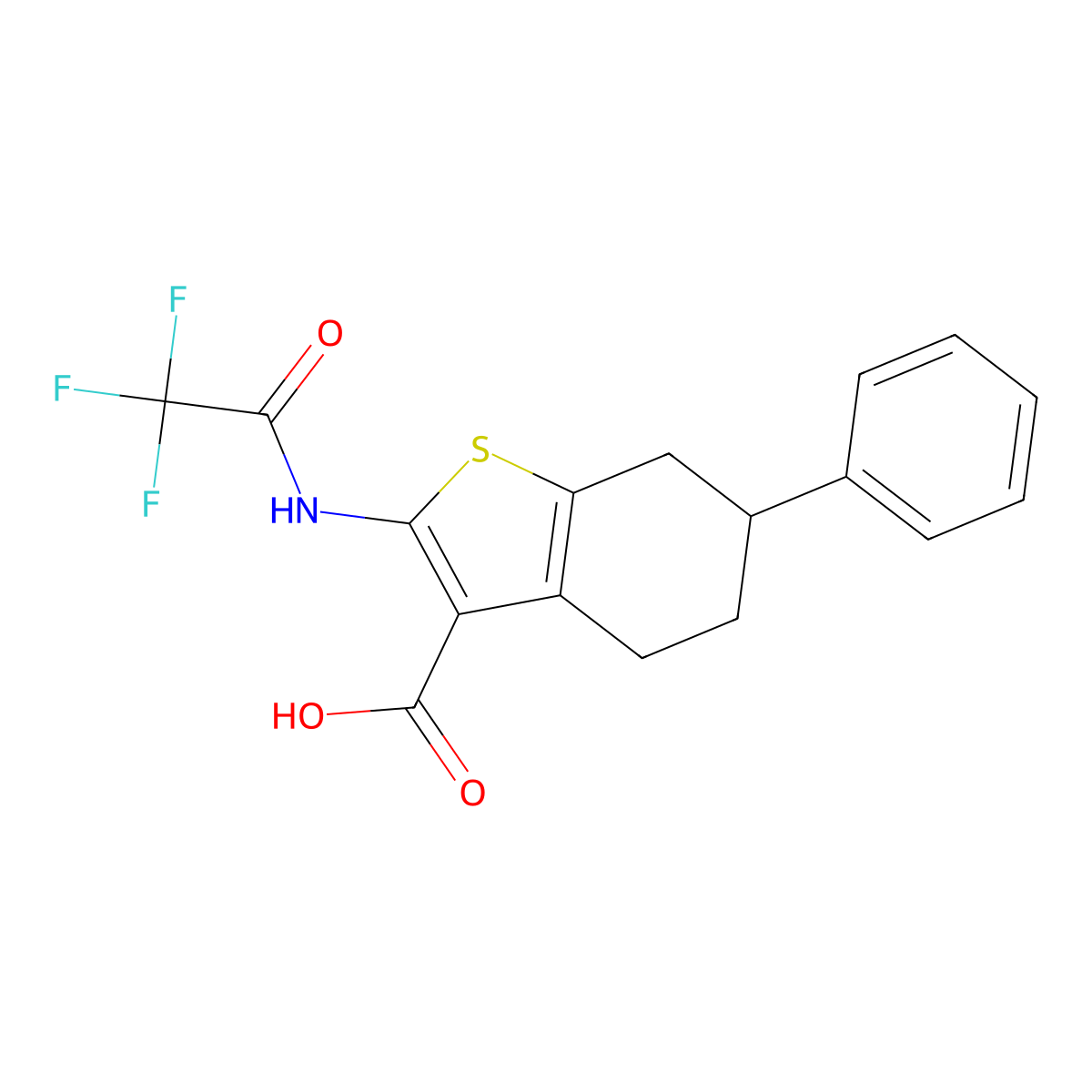 6-Phenyl-2-(2,2,2-trifluoroacetamido)-4,5,6,7-tetrahydro-1-benzothiophene-3-carboxylic acid molecular structure, CAS 2680742-10-1