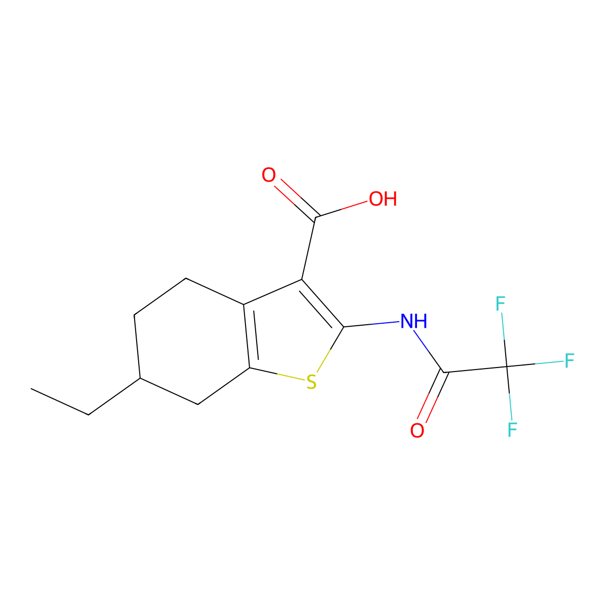 6-Ethyl-2-(2,2,2-trifluoroacetamido)-4,5,6,7-tetrahydro-1-benzothiophene-3-carboxylic acid molecular structure, CAS 2680742-61-2