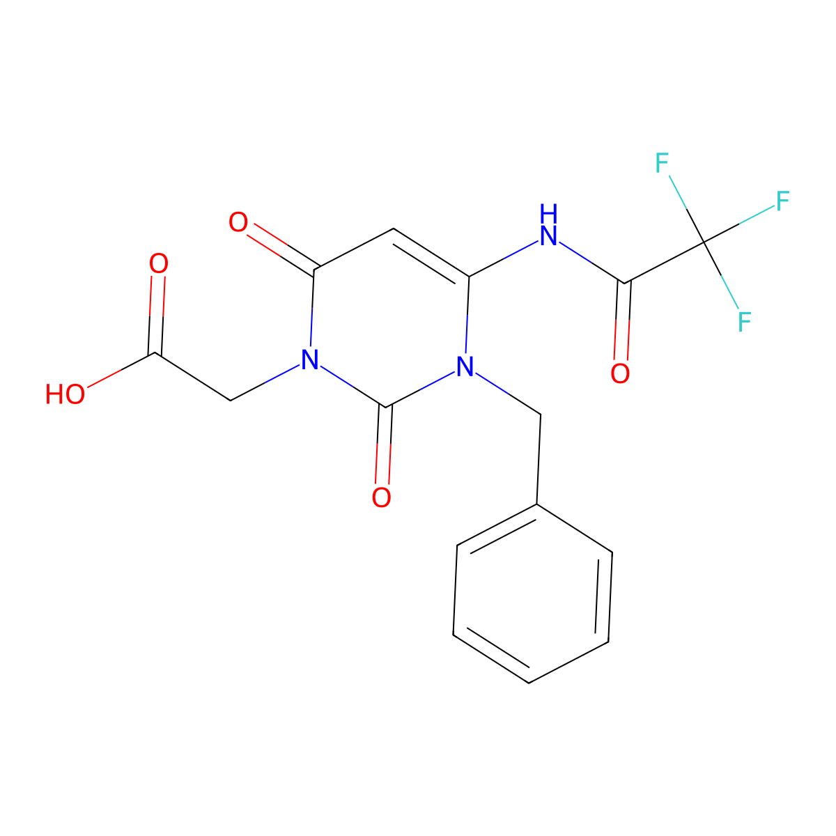 2-[3-Benzyl-2,6-dioxo-4-(2,2,2-trifluoroacetamido)-1,2,3,6-tetrahydropyrimidin-1-yl]acetic acid molecular structure, CAS 2680745-36-0