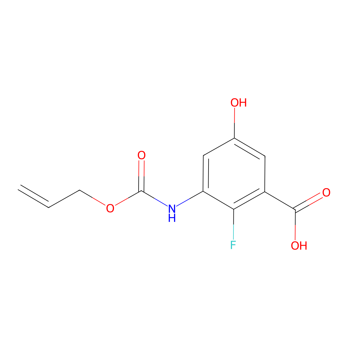2-Fluoro-5-hydroxy-3-{[(prop-2-en-1-yloxy)carbonyl]amino}benzoic acid molecular structure, CAS 2680745-57-5