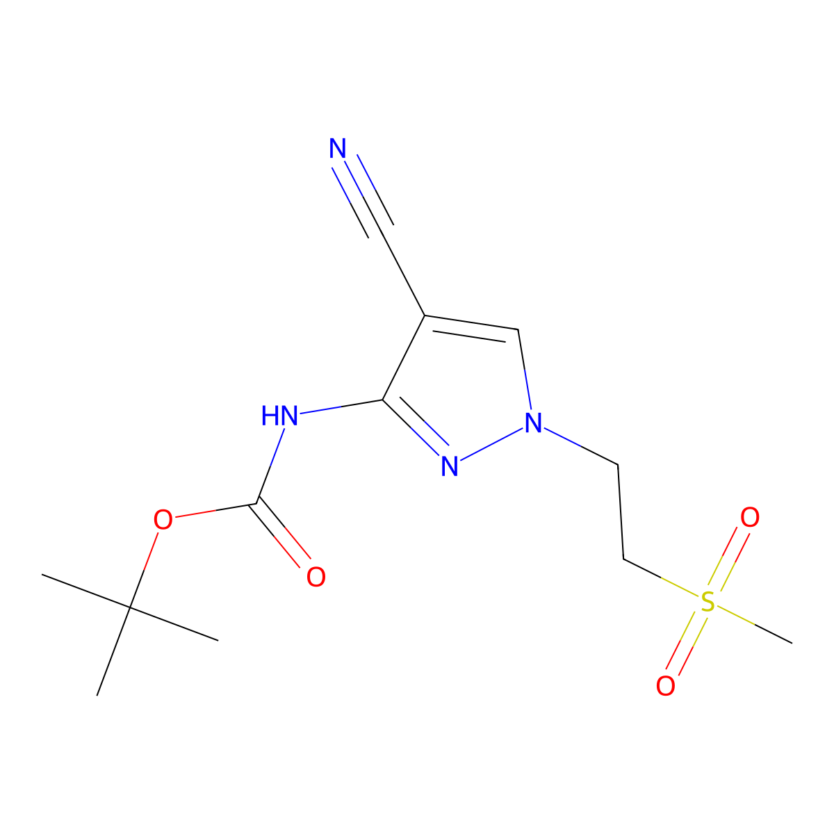 tert-butyl N-[4-cyano-1-(2-methanesulfonylethyl)-1H-pyrazol-3-yl]carbamate molecular structure, CAS 2680745-77-9