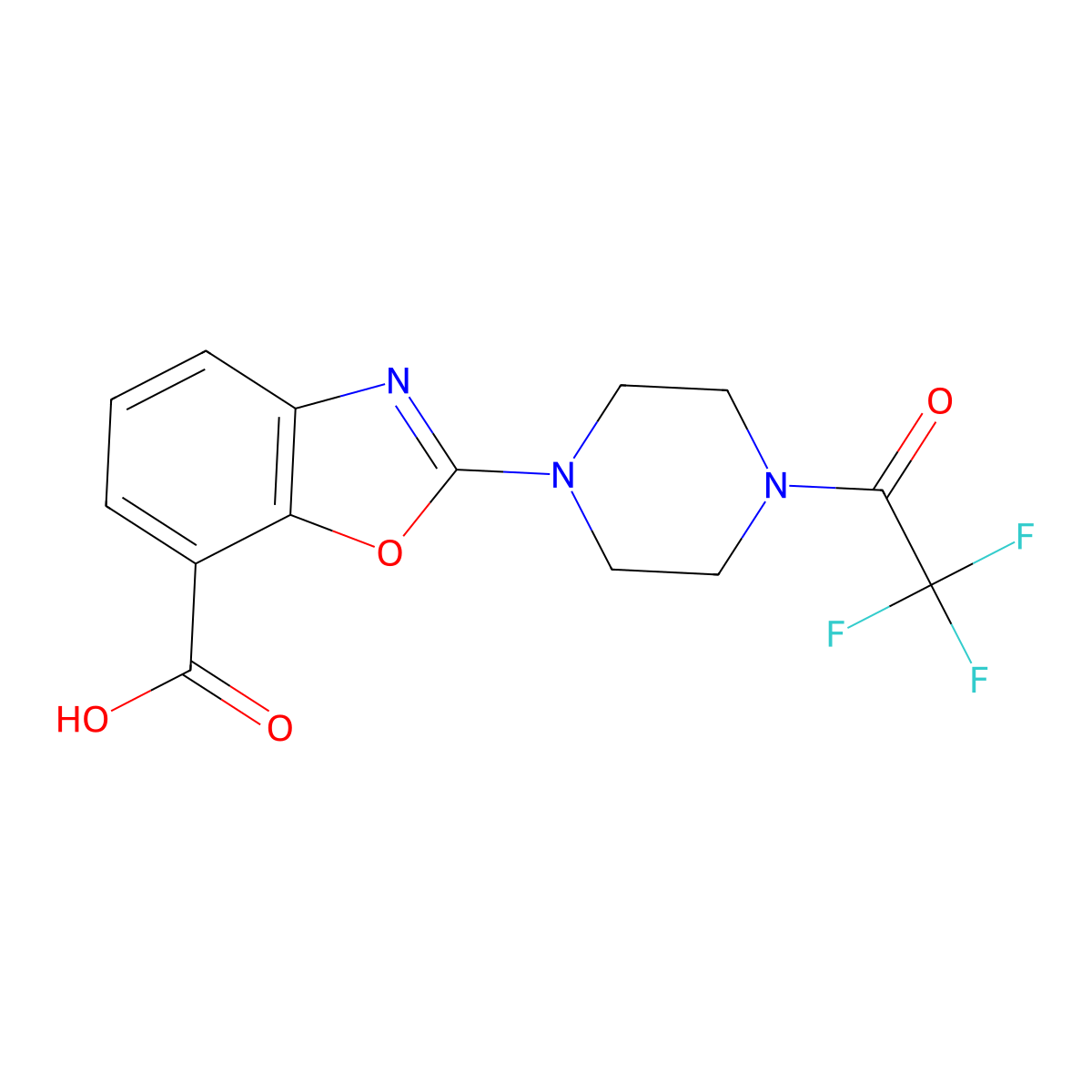 2-[4-(2,2,2-Trifluoroacetyl)piperazin-1-yl]-1,3-benzoxazole-7-carboxylic acid molecular structure, CAS 2680746-24-9