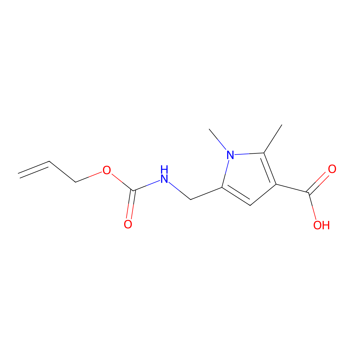 1,2-dimethyl-5-({[(prop-2-en-1-yloxy)carbonyl]amino}methyl)-1H-pyrrole-3-carboxylic acid molecular structure, CAS 2680746-98-7