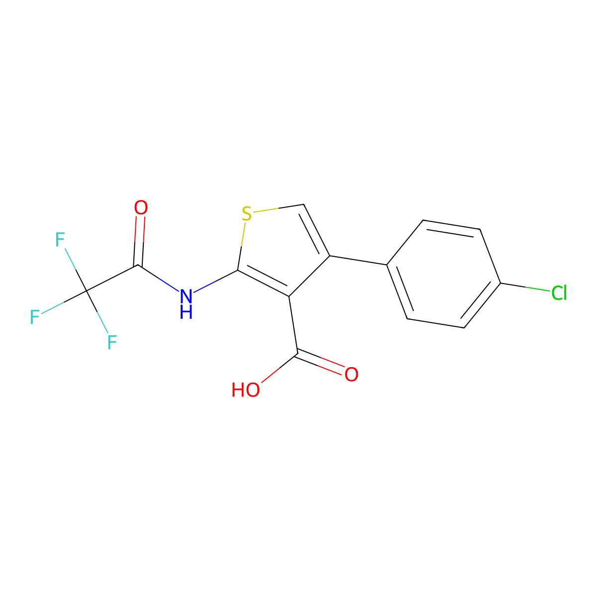4-(4-Chlorophenyl)-2-(2,2,2-trifluoroacetamido)thiophene-3-carboxylic acid molecular structure, CAS 2680747-20-8