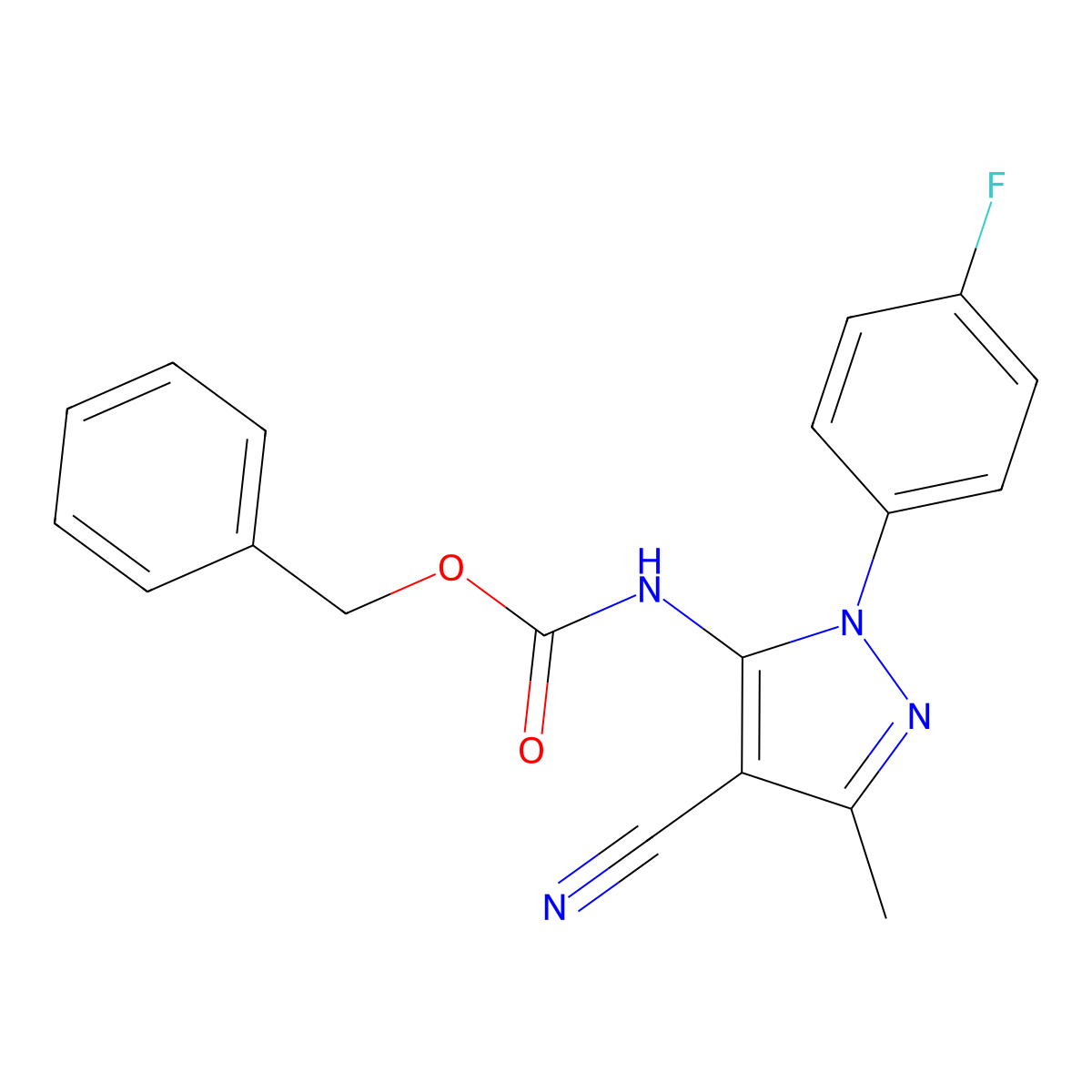 benzyl N-[4-cyano-1-(4-fluorophenyl)-3-methyl-1H-pyrazol-5-yl]carbamate molecular structure, CAS 2680749-14-6