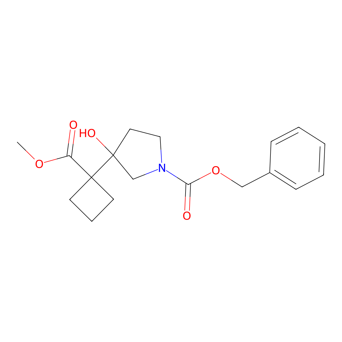 Benzyl 3-hydroxy-3-[1-(methoxycarbonyl)cyclobutyl]pyrrolidine-1-carboxylate molecular structure, CAS 2680750-14-3