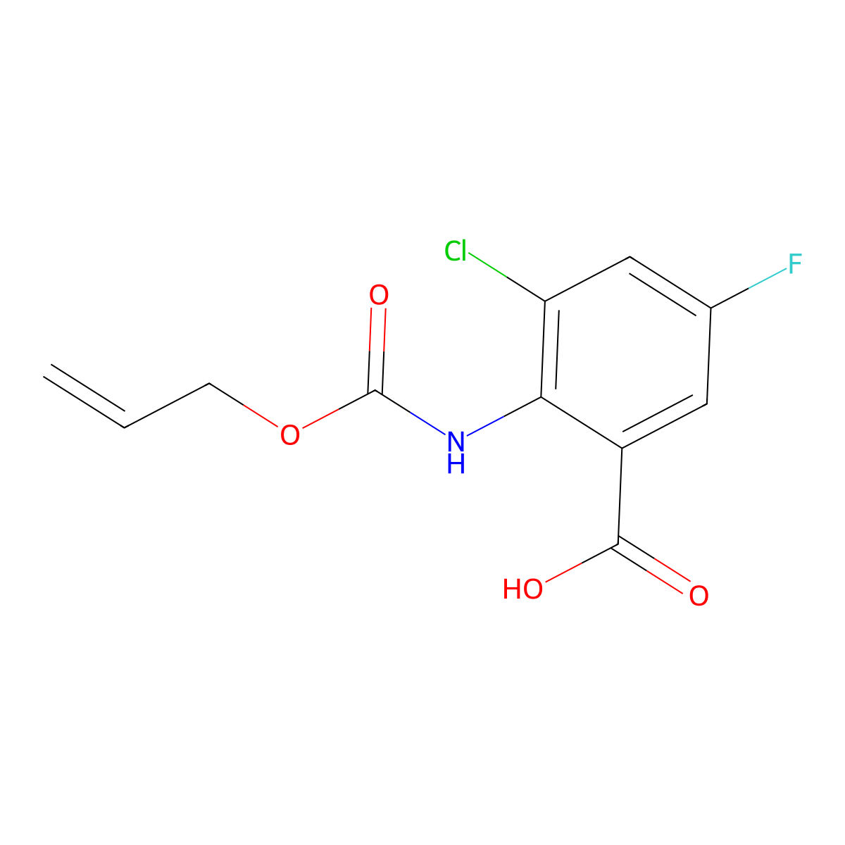 3-Chloro-5-fluoro-2-{[(prop-2-en-1-yloxy)carbonyl]amino}benzoic acid molecular structure, CAS 2680751-51-1