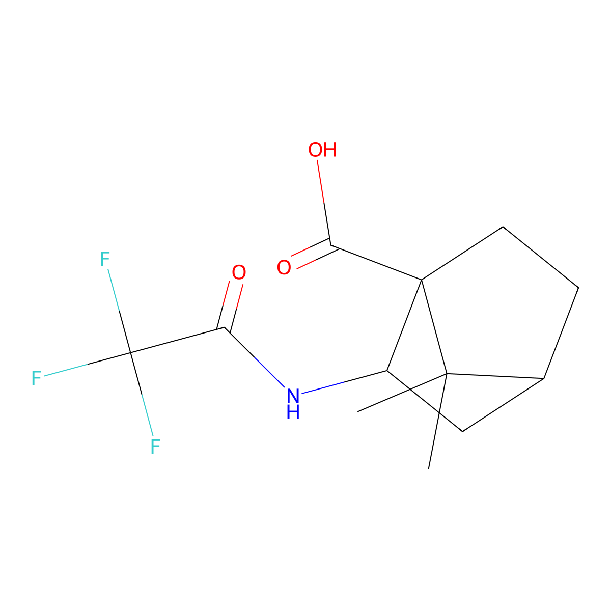 7,7-Dimethyl-2-(2,2,2-trifluoroacetamido)bicyclo[2.2.1]heptane-1-carboxylic acid molecular structure, CAS 2680751-60-2