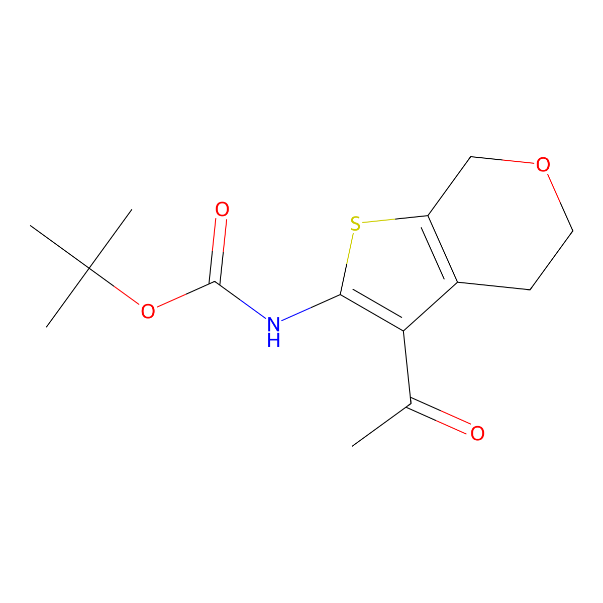tert-butyl N-{3-acetyl-4H,5H,7H-thieno[2,3-c]pyran-2-yl}carbamate molecular structure, CAS 2680752-13-8