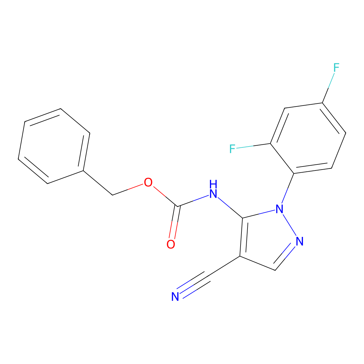 benzyl N-[4-cyano-1-(2,4-difluorophenyl)-1H-pyrazol-5-yl]carbamate molecular structure, CAS 2680752-80-9