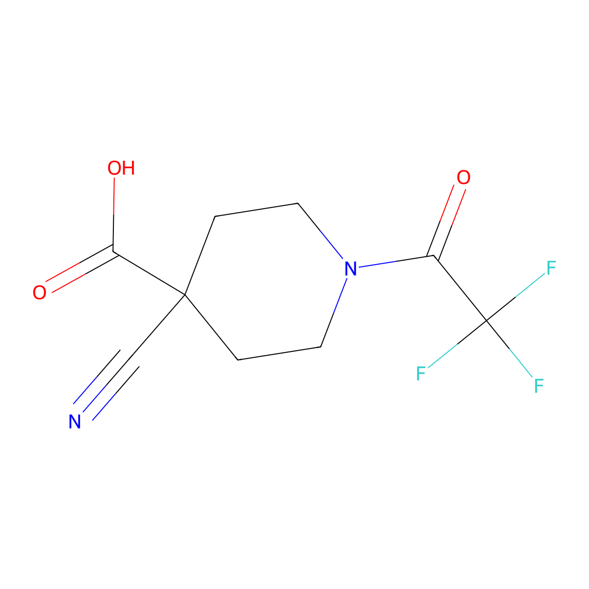 4-Cyano-1-(2,2,2-trifluoroacetyl)piperidine-4-carboxylic acid molecular structure, CAS 2680752-84-3