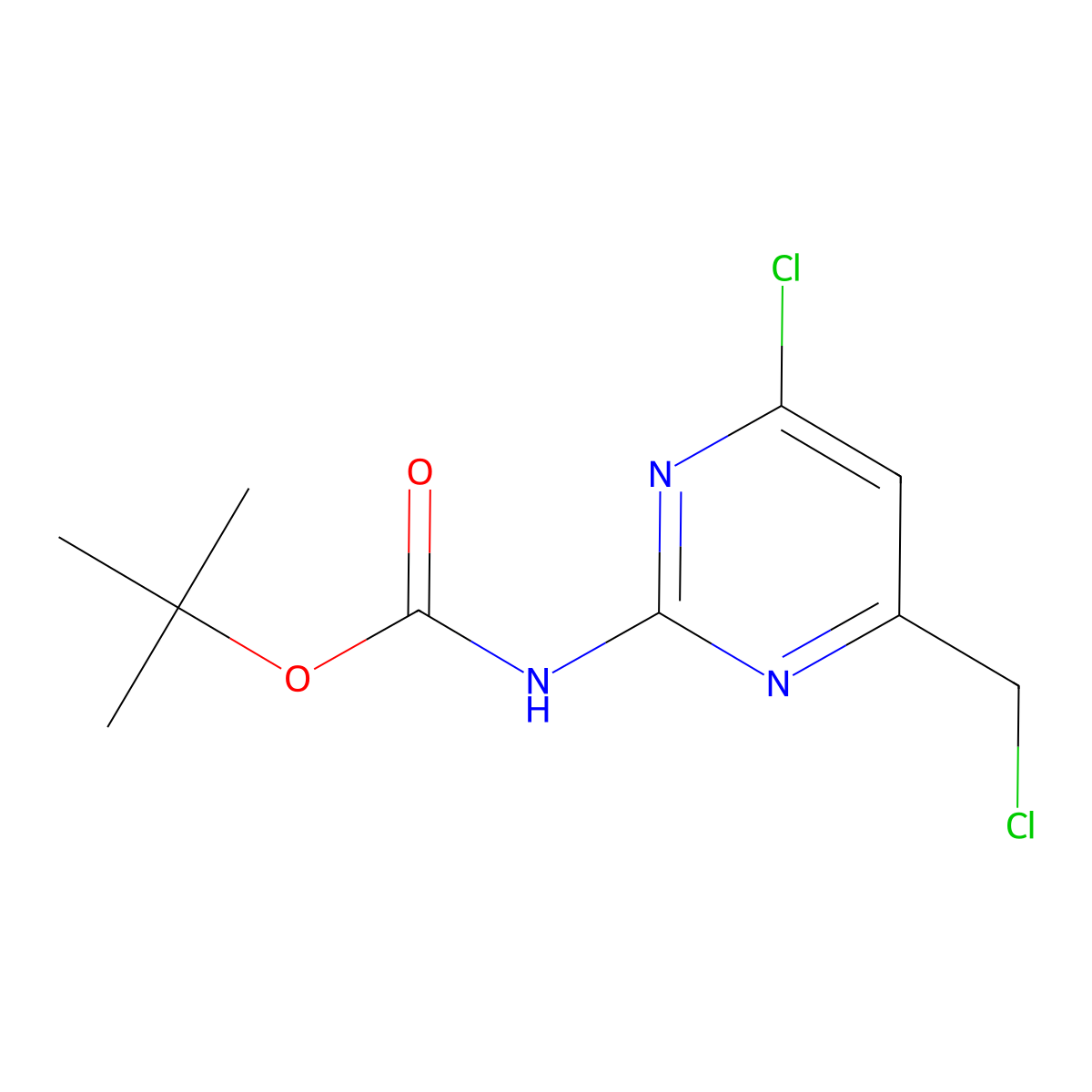 tert-butyl N-[4-chloro-6-(chloromethyl)pyrimidin-2-yl]carbamate molecular structure, CAS 2680753-73-3