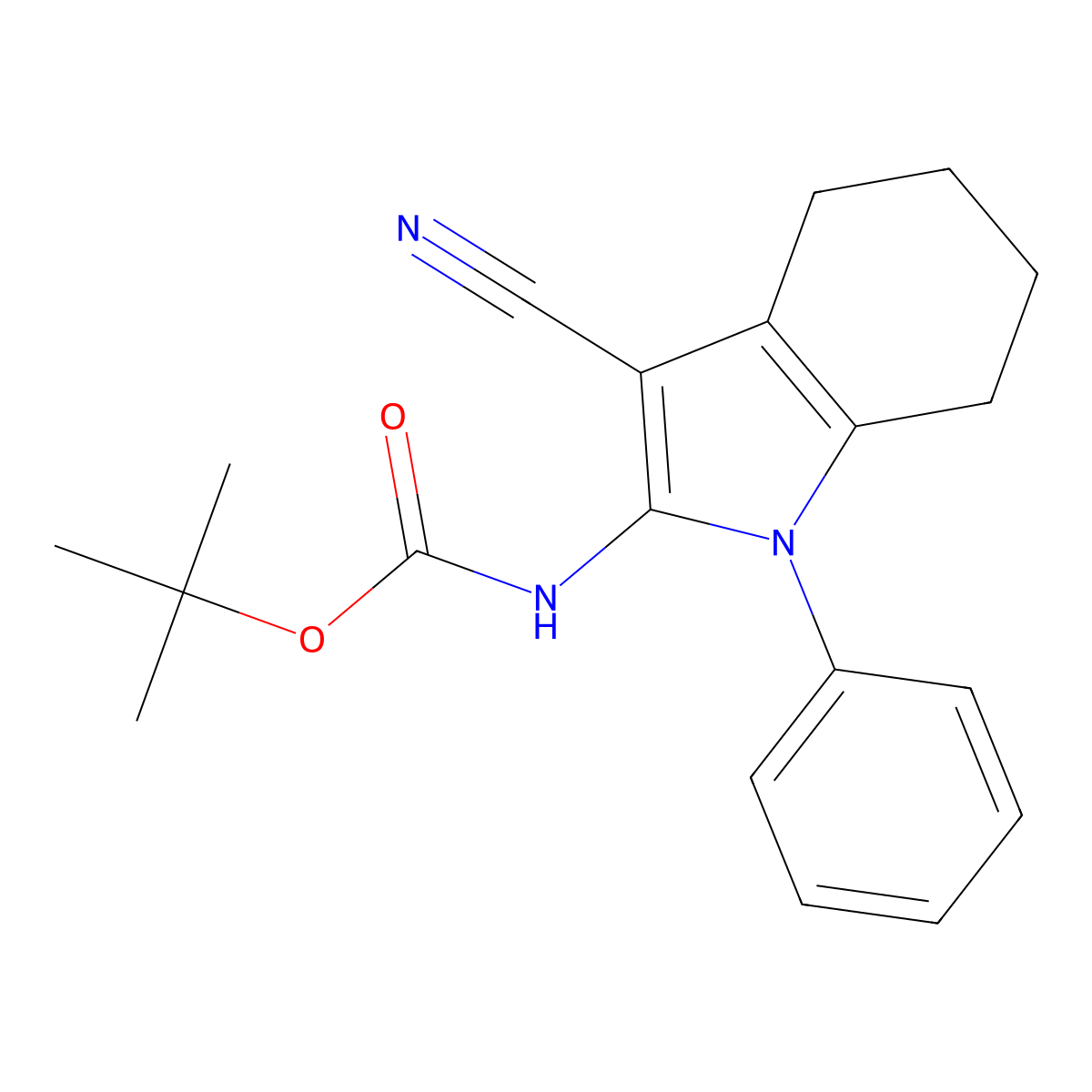 tert-butyl N-(3-cyano-1-phenyl-4,5,6,7-tetrahydro-1H-indol-2-yl)carbamate molecular structure, CAS 2680754-44-1