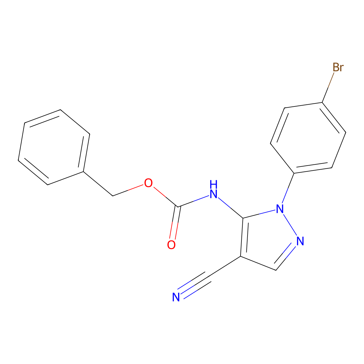 benzyl N-[1-(4-bromophenyl)-4-cyano-1H-pyrazol-5-yl]carbamate molecular structure, CAS 2680754-79-2