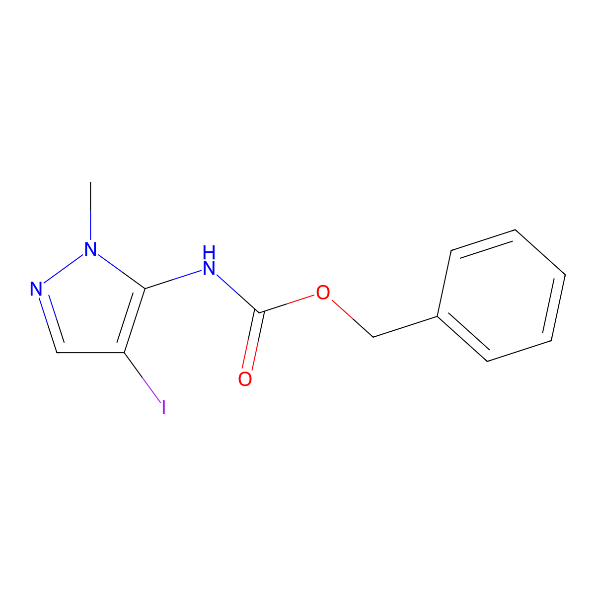 benzyl N-(4-iodo-1-methyl-1H-pyrazol-5-yl)carbamate molecular structure, CAS 2680754-84-9
