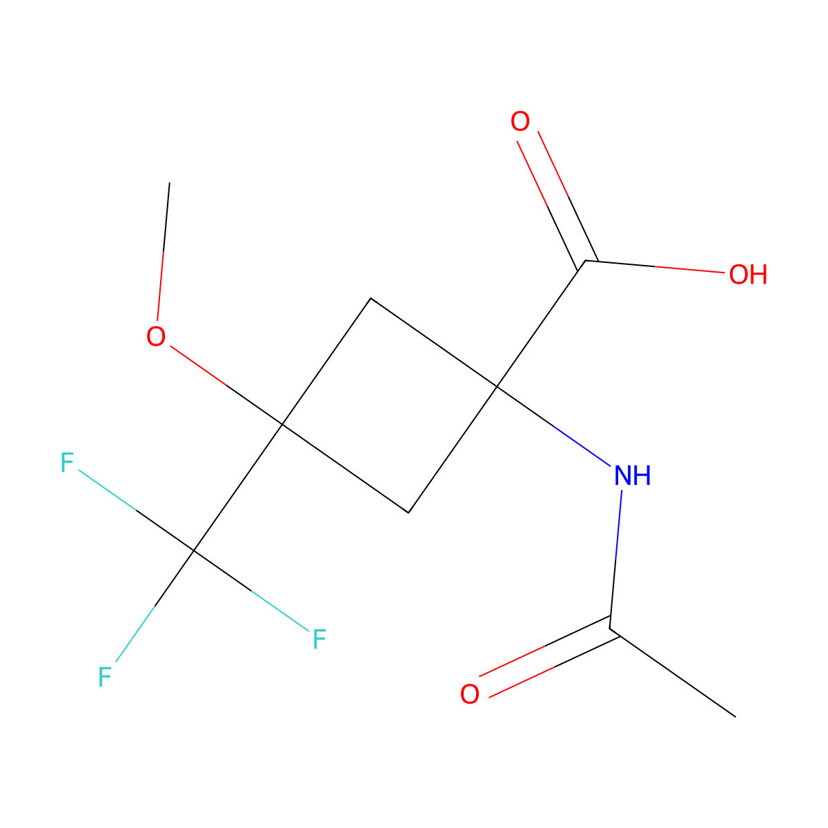 1-Acetamido-3-methoxy-3-(trifluoromethyl)cyclobutane-1-carboxylic acid molecular structure, CAS 2680755-15-9