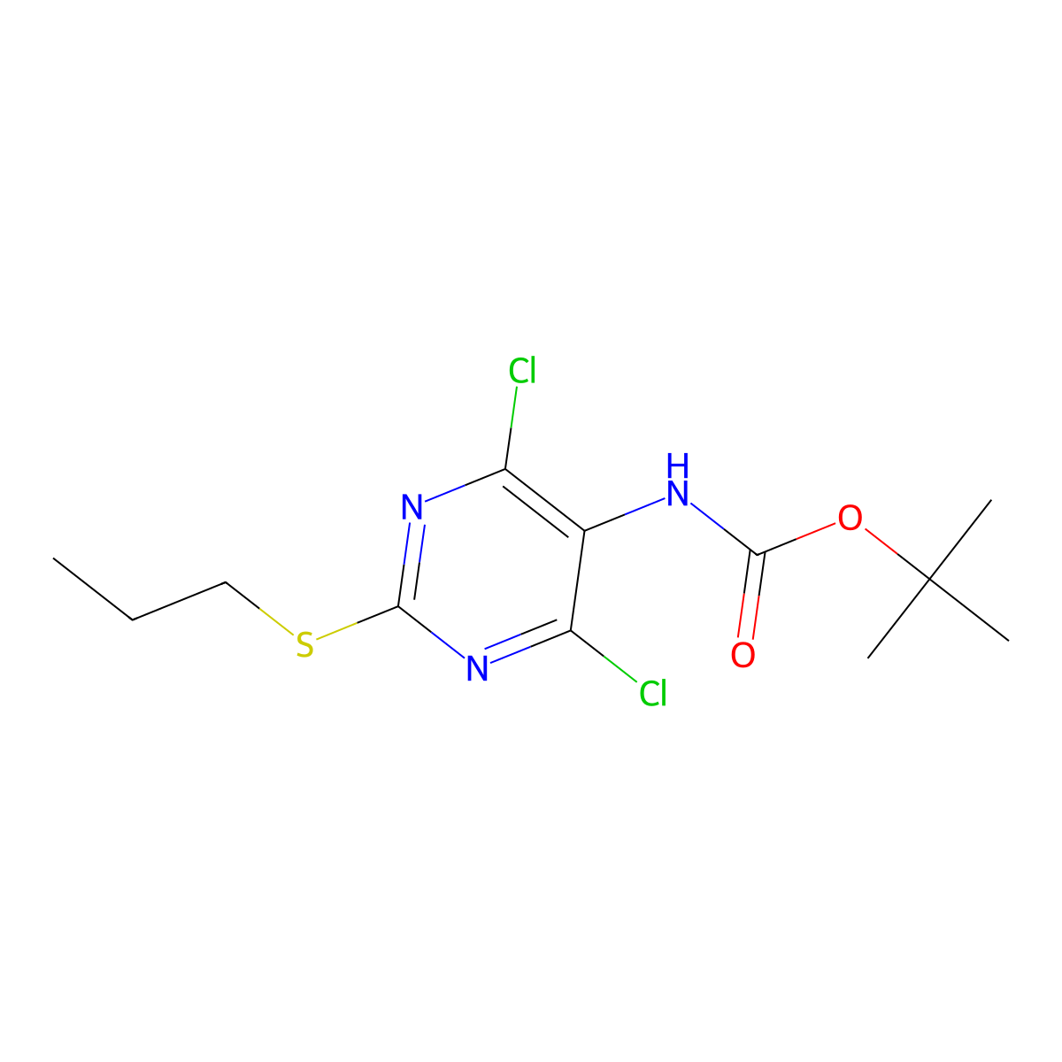 tert-butyl N-[4,6-dichloro-2-(propylsulfanyl)pyrimidin-5-yl]carbamate molecular structure, CAS 2680755-24-0