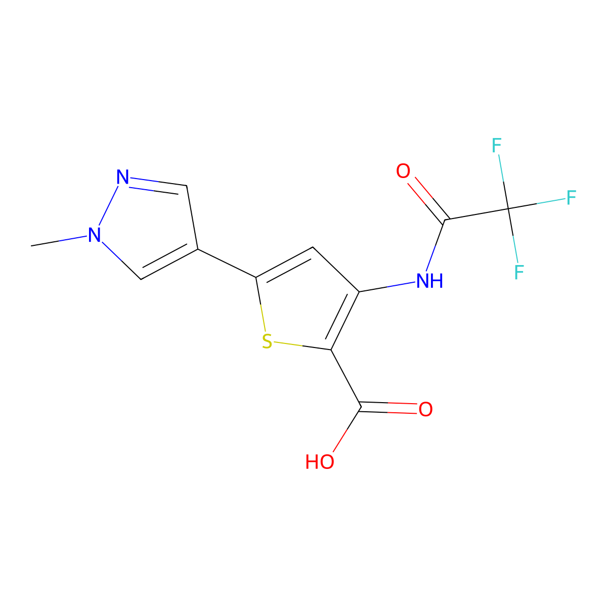 5-(1-methyl-1H-pyrazol-4-yl)-3-(2,2,2-trifluoroacetamido)thiophene-2-carboxylic acid molecular structure, CAS 2680755-66-0