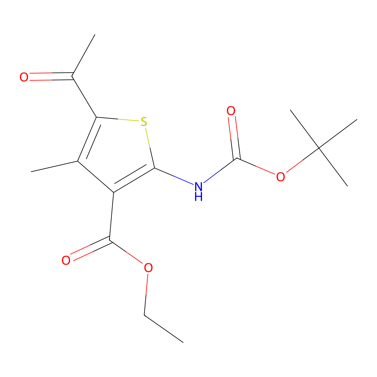 Ethyl 5-acetyl-2-{[(tert-butoxy)carbonyl]amino}-4-methylthiophene-3-carboxylate molecular structure, CAS 2680756-13-0