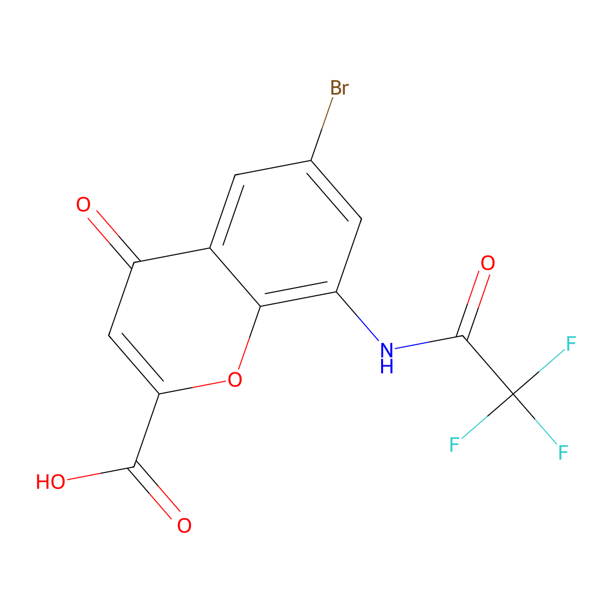6-bromo-4-oxo-8-(2,2,2-trifluoroacetamido)-4H-chromene-2-carboxylic acid molecular structure, CAS 2680756-16-3