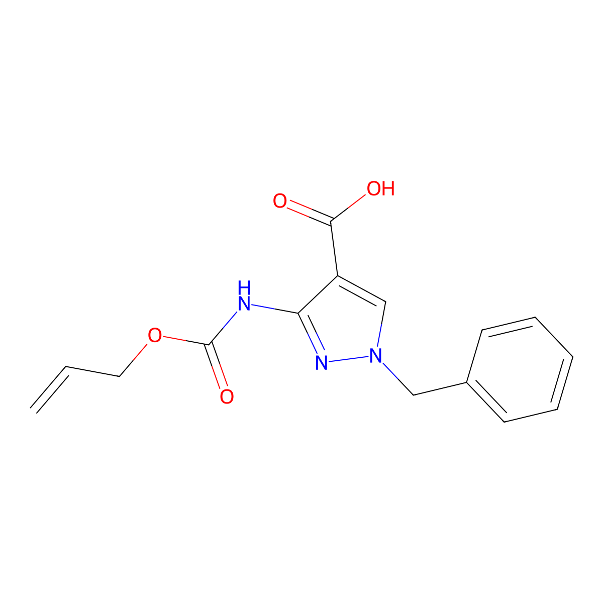 1-benzyl-3-{[(prop-2-en-1-yloxy)carbonyl]amino}-1H-pyrazole-4-carboxylic acid molecular structure, CAS 2680756-20-9
