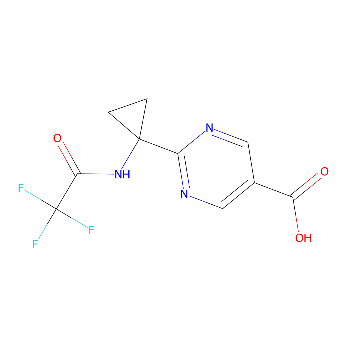 2-[1-(2,2,2-Trifluoroacetamido)cyclopropyl]pyrimidine-5-carboxylic acid molecular structure, CAS 2680756-70-9