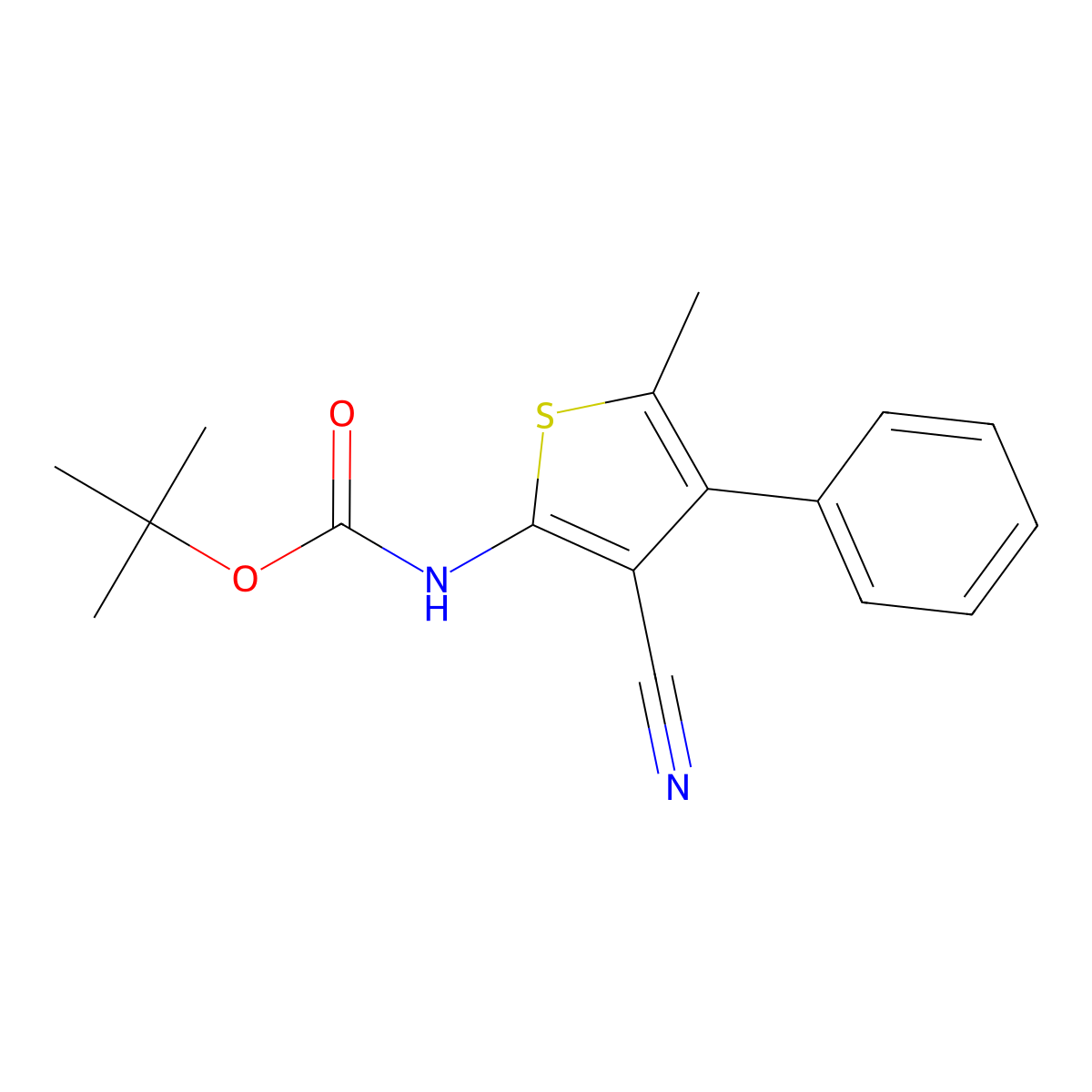 tert-butyl N-(3-cyano-5-methyl-4-phenylthiophen-2-yl)carbamate molecular structure, CAS 2680756-72-1