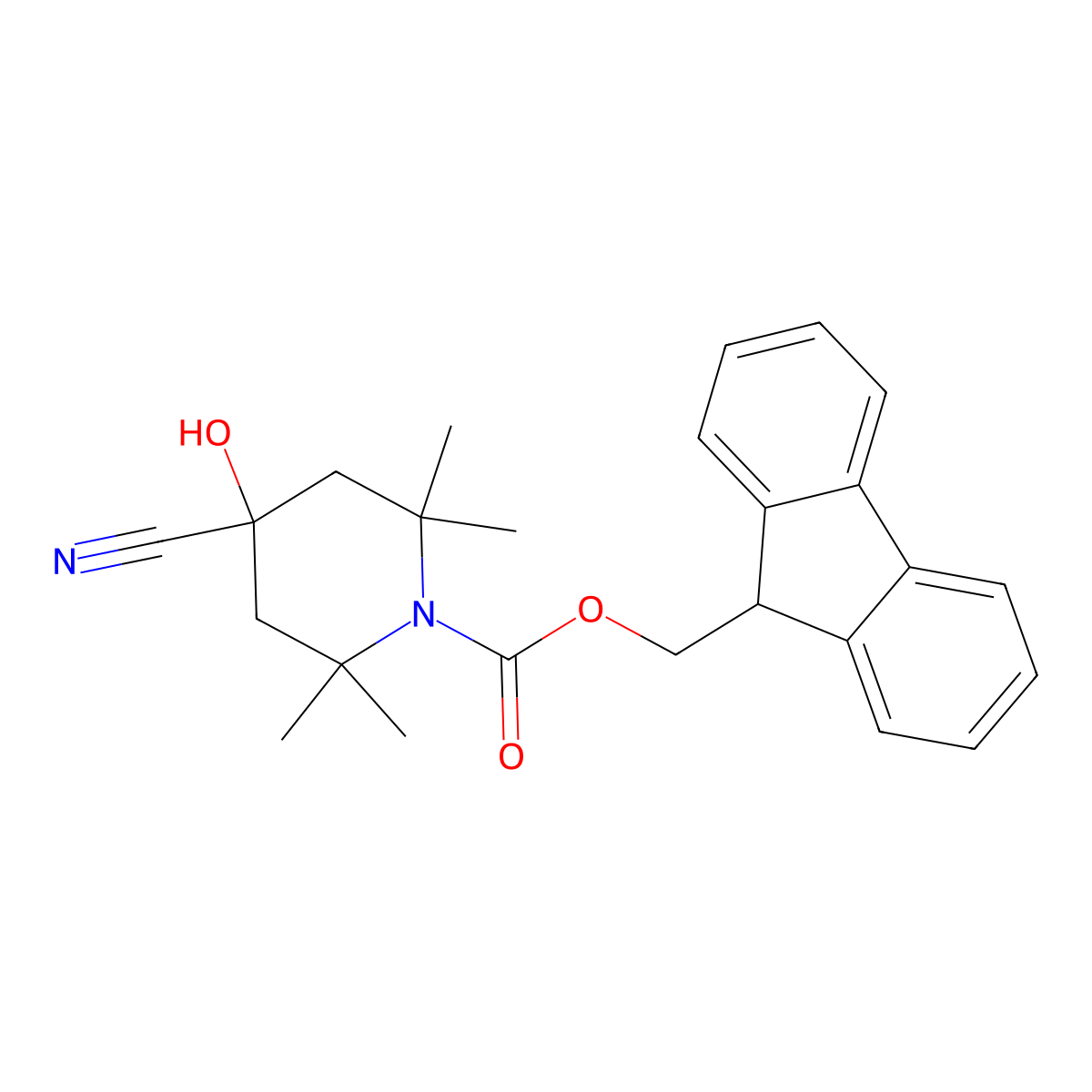 (9H-fluoren-9-yl)methyl 4-cyano-4-hydroxy-2,2,6,6-tetramethylpiperidine-1-carboxylate molecular structure, CAS 2680757-31-5