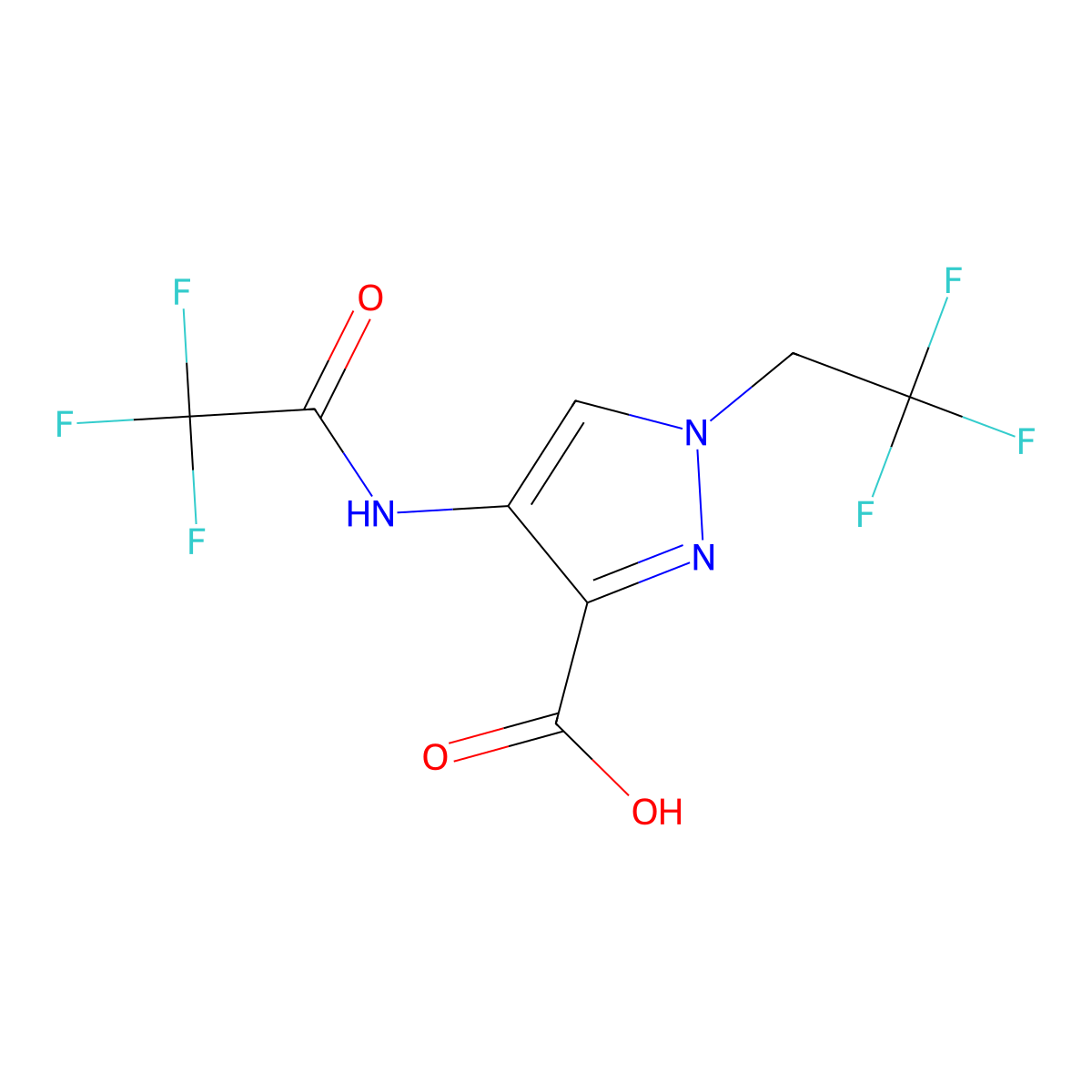 4-(2,2,2-trifluoroacetamido)-1-(2,2,2-trifluoroethyl)-1H-pyrazole-3-carboxylic acid molecular structure, CAS 2680757-80-4