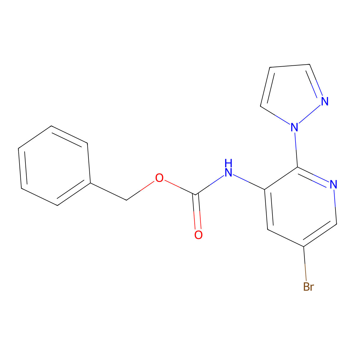 benzyl N-[5-bromo-2-(1H-pyrazol-1-yl)pyridin-3-yl]carbamate molecular structure, CAS 2680759-33-3