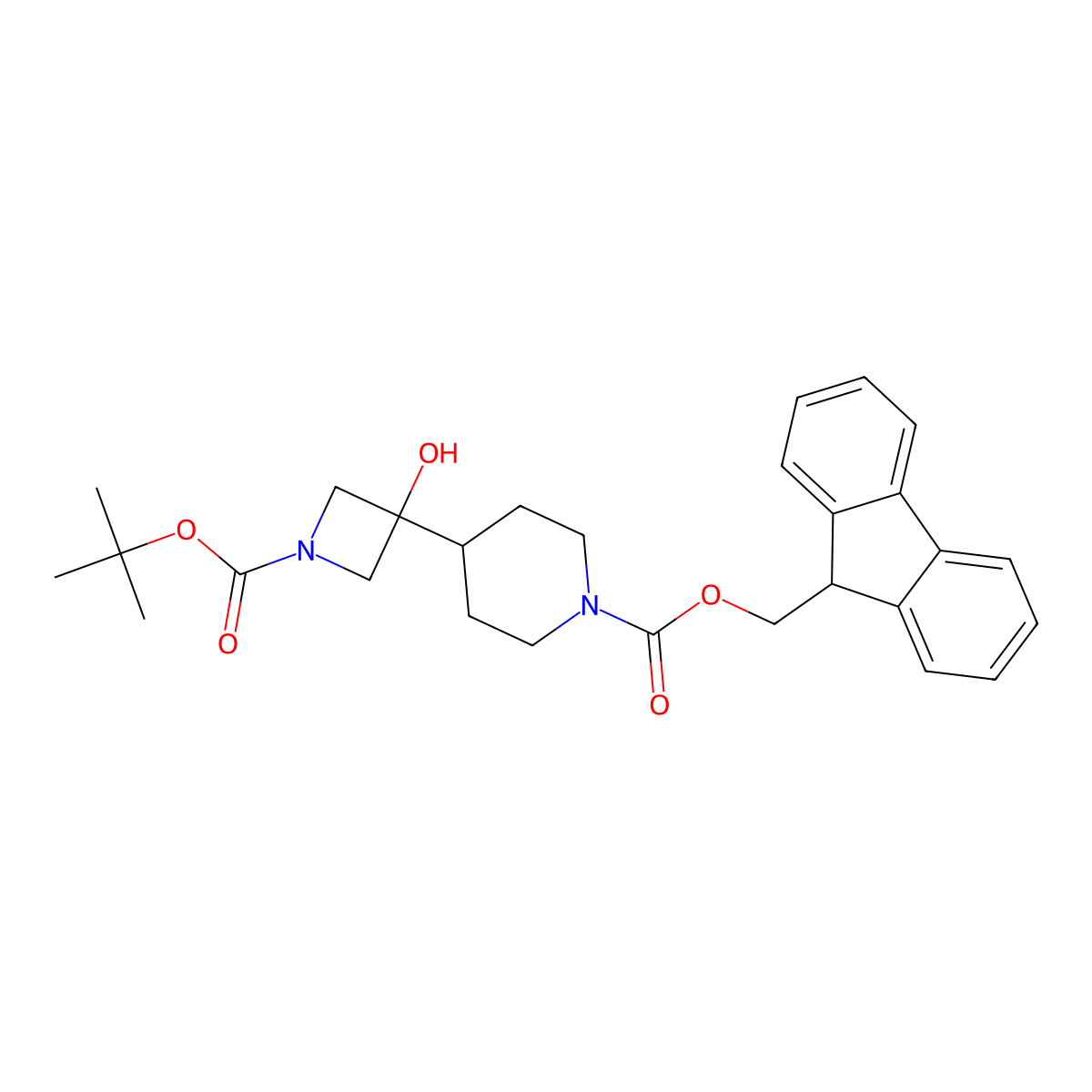 (9H-fluoren-9-yl)methyl 4-{1-[(tert-butoxy)carbonyl]-3-hydroxyazetidin-3-yl}piperidine-1-carboxylate molecular structure, CAS 2680759-41-3