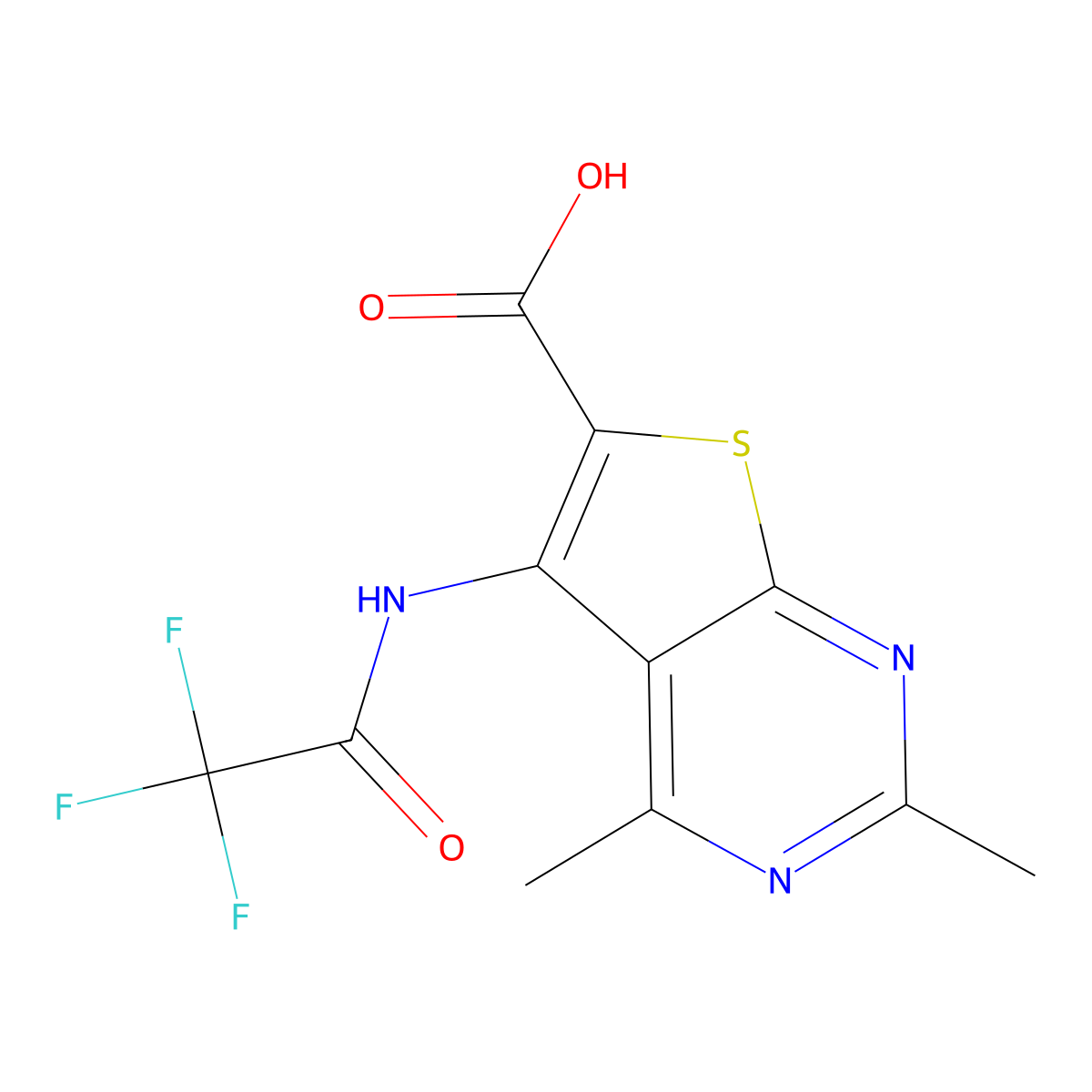 2,4-Dimethyl-5-(2,2,2-trifluoroacetamido)thieno[2,3-d]pyrimidine-6-carboxylic acid molecular structure, CAS 2680759-75-3