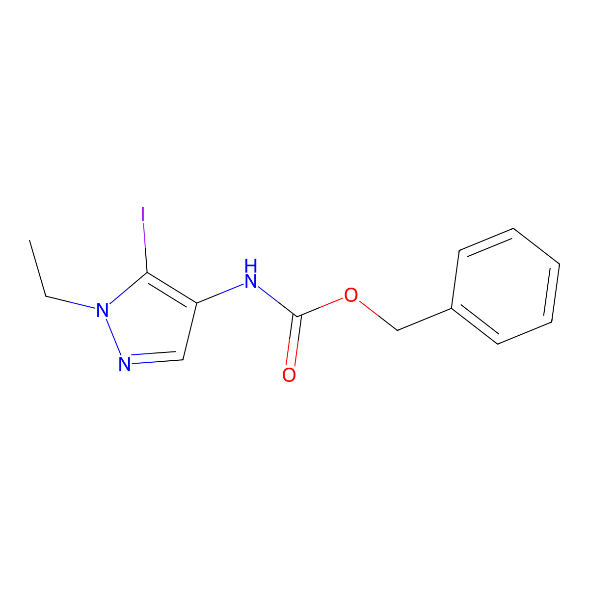 benzyl N-(1-ethyl-5-iodo-1H-pyrazol-4-yl)carbamate molecular structure, CAS 2680760-31-8